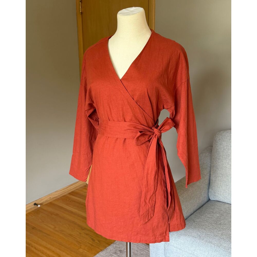 Women's V Neck Mini Linen Wrap Dress Size M Majorelle Gina Rust Orange